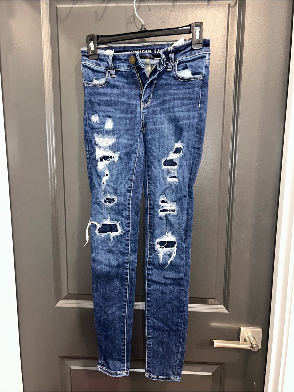 American Eagle Outfitters Distressed Skinny Jeans - Dark Blue